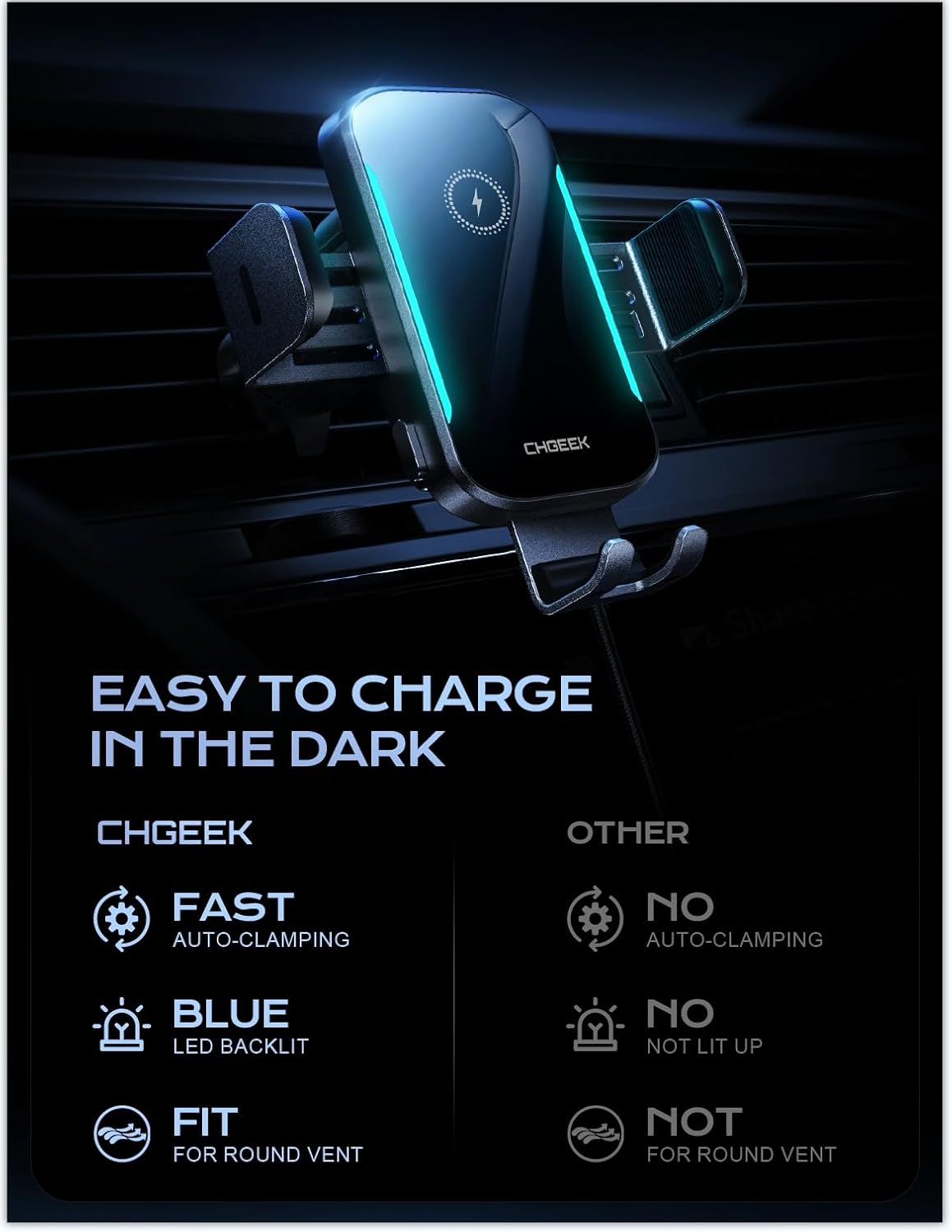 CHGeek 15W Wireless Car Charger – Auto-Clamping Qi Fast Charging Vent Mount with LED Light; Compatible with iPhone 13-16 & Samsung S22-S24 (Light Black)