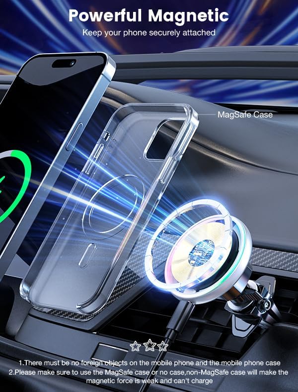 MOKPR for Magsafe Car Mount Charger-15W Wireless Car Charger-Magnetic Car Phone Holder for Dash Air Vent-LED RGB HandsFree Car Mount Fast Car Charger for iPhone 15/14/13/12 Series Silver