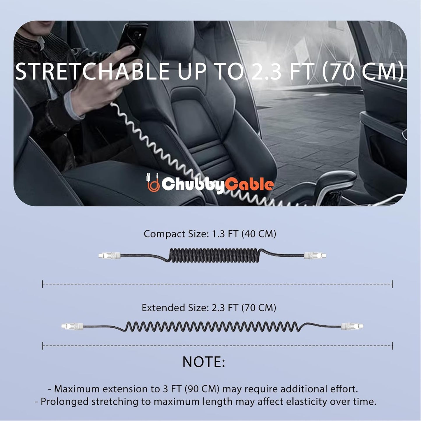 chubbycable Curly Chubby - Retractable Fast Charging Cable 240W Coiled Charger Cord for Car Durable USB-C Cable for Phones, Tablets and More, Red, Type-C to Type-C, 1.3FT-2.3FT