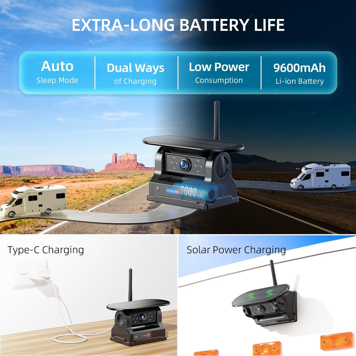 eRapta Magnetic Solar Wireless Backup Camera: HD1080P 5” Touchscreen Portable with DVR, BSD, 1-Min Install-Free IR Night Vision Hitch Backup Camera for Trailer/Truck/Small RV/Camper/Tractor-AWTCM501