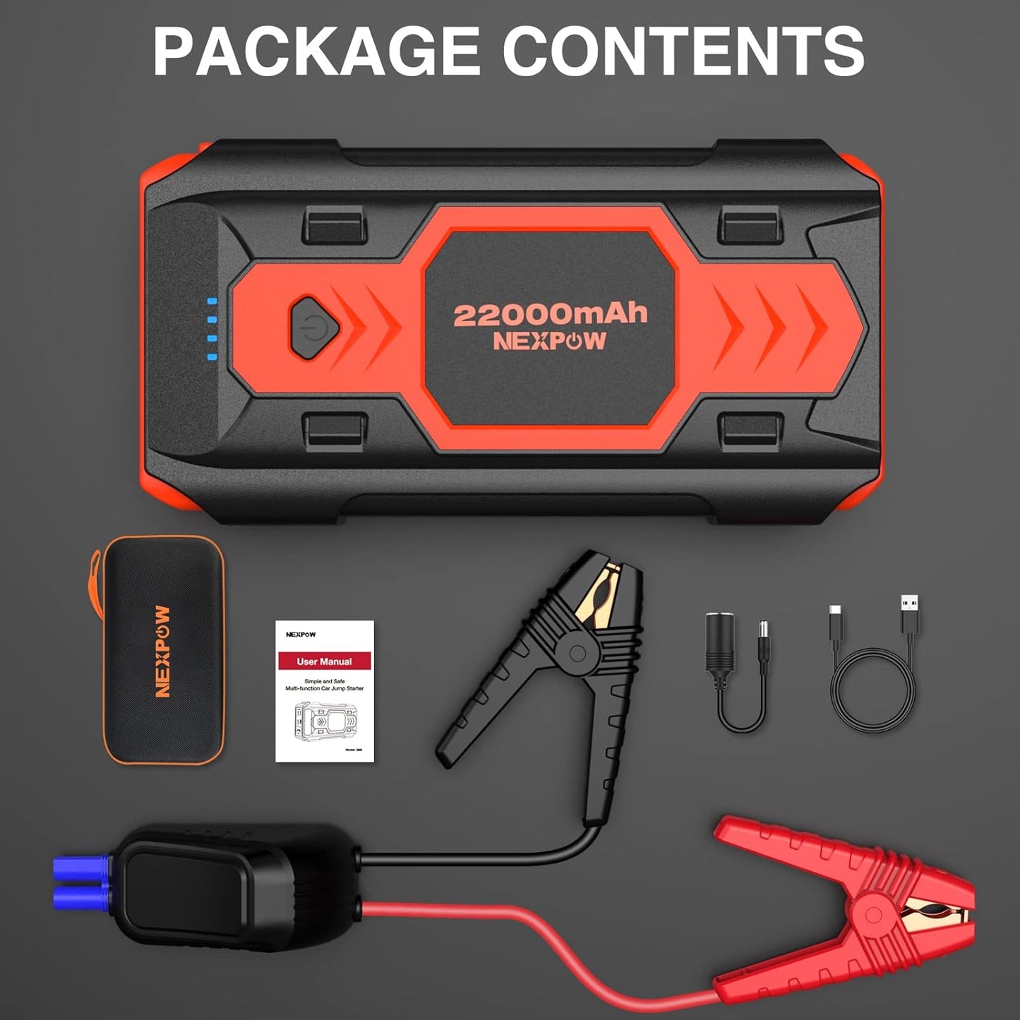 NEXPOW 2500A Peak Car Battery Jump Starter (Up to 8.0L Gas/8L Diesel Engines), 12V Auto Car Battery Booster Pack, Portable Jump Box with USB Quick Charge 3.0 and LED Light Red Blue Warning