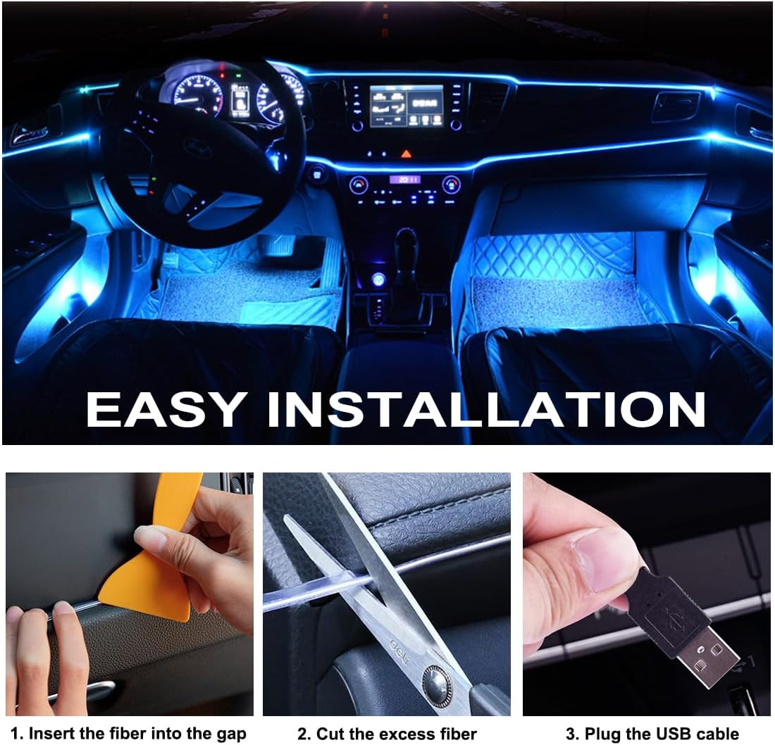 Interior Car LED Strip Lights with Wireless APP & Remote Control, RGB 2 in 1 Car Ambient Lighting Kit with 158 Inches Fiber Optic, Inside Neon Dash Strip with Music Mode
