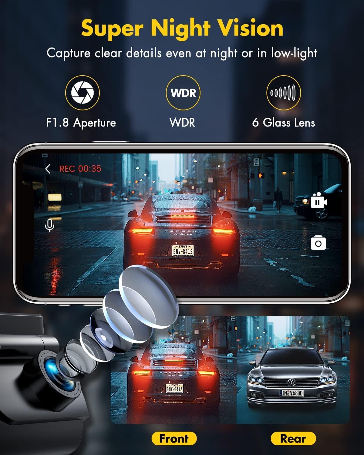 GKU Dash Cam Front and Rear Camera – 4K+1080P Dual Dash Camera for Cars with 64GB SD Card, 5GHz WiFi & App Control, Night Vision, Parking Mode, G-Sensor, Loop Recording, WDR, 170° Wide Angle