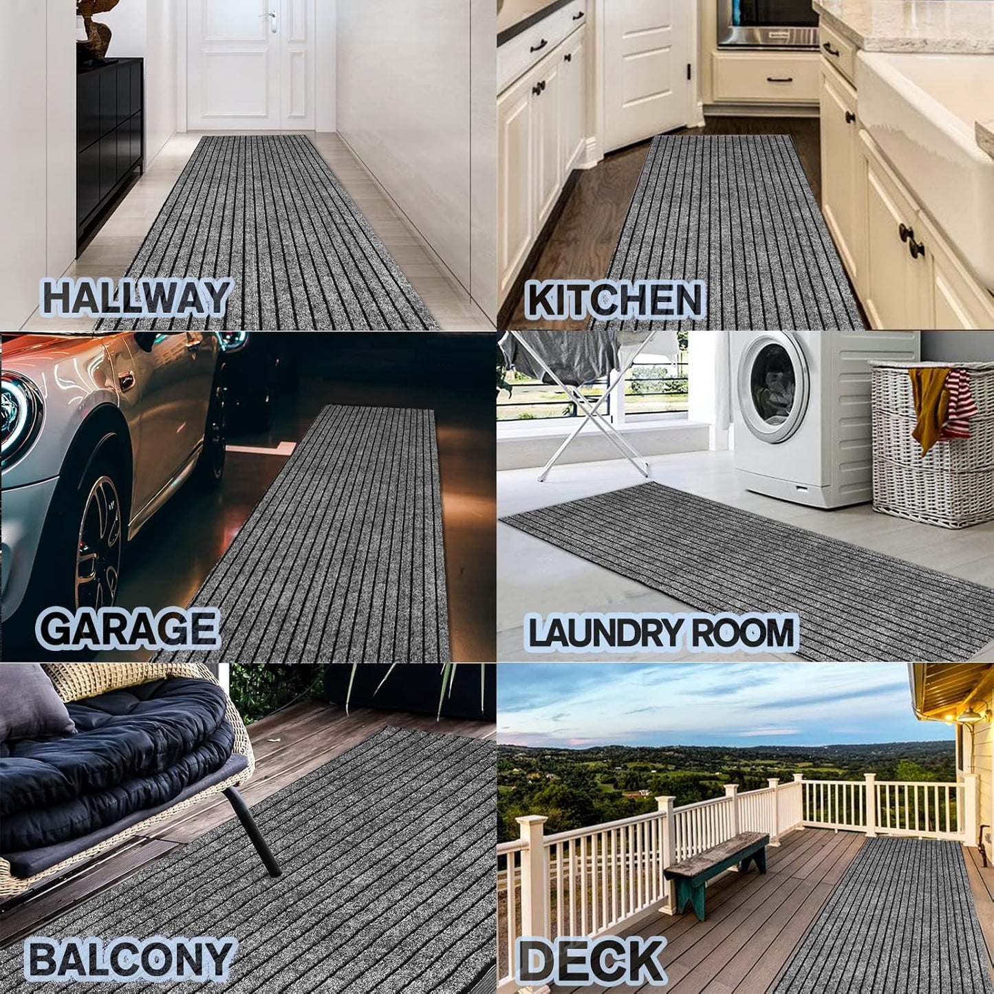 Custom Size Backed Non-Slip Area Rugs Runner, Easy Clean, Waterproof Runner Rugs for Hallway Entryway, Kitchen, Laundry, 2FT x 52FT, Gray Stripe