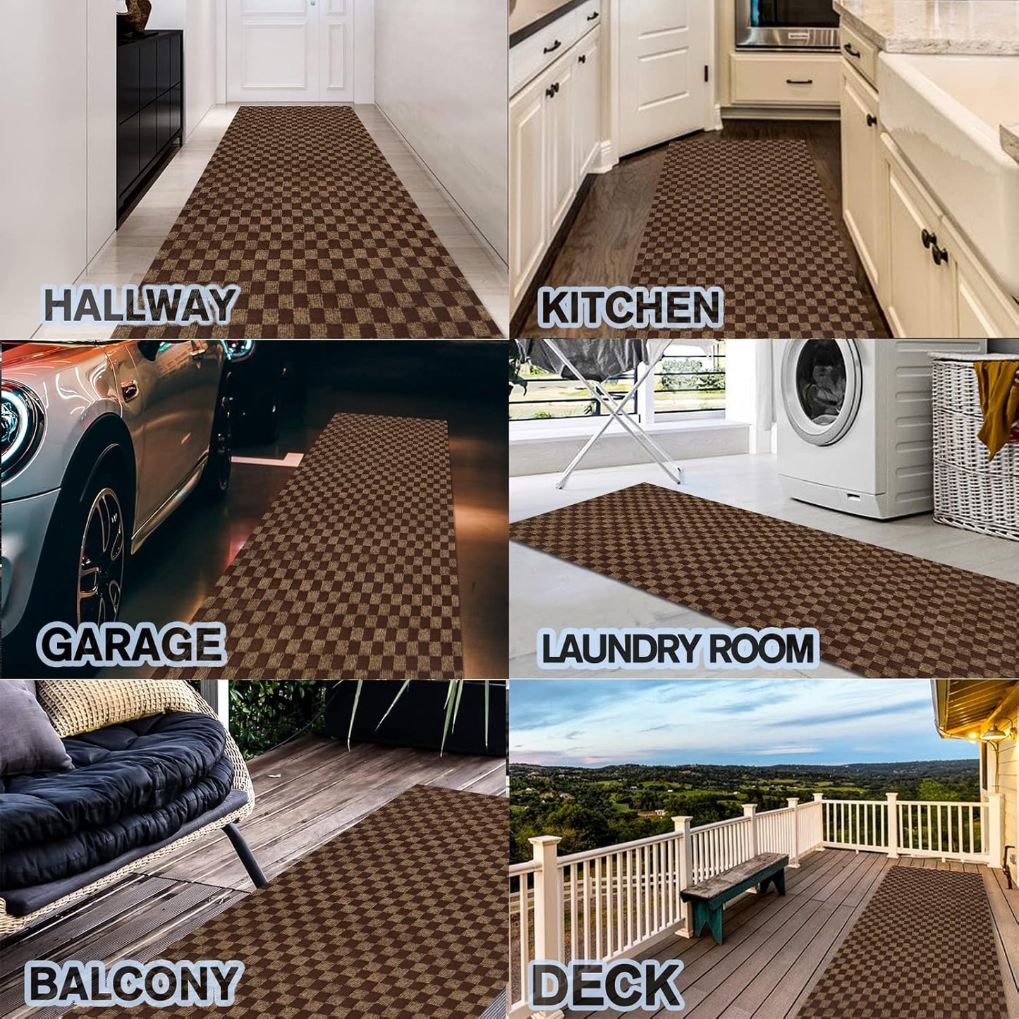 Custom Size Backed Non-Slip Area Rugs Runner, Easy Clean, Waterproof Runner Rugs for Hallway Entryway, Kitchen, Laundry, 2FT x 10FT, Brown Checkered