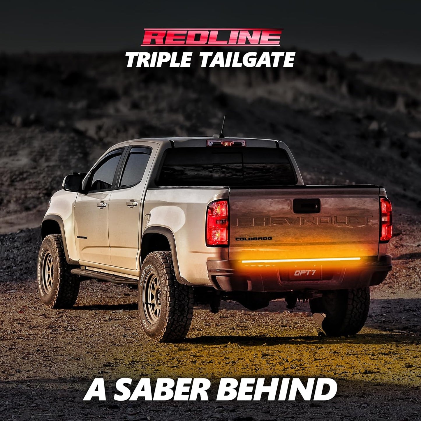 OPT7 48" Redline Triple Row LED Tailgate Light Bar w/Sequential Amber Turn Signal - Weatherproof Rigid Aluminum Frame Light Strip for Colorado Canyon Frontier - Full Functions Reverse Brake Running