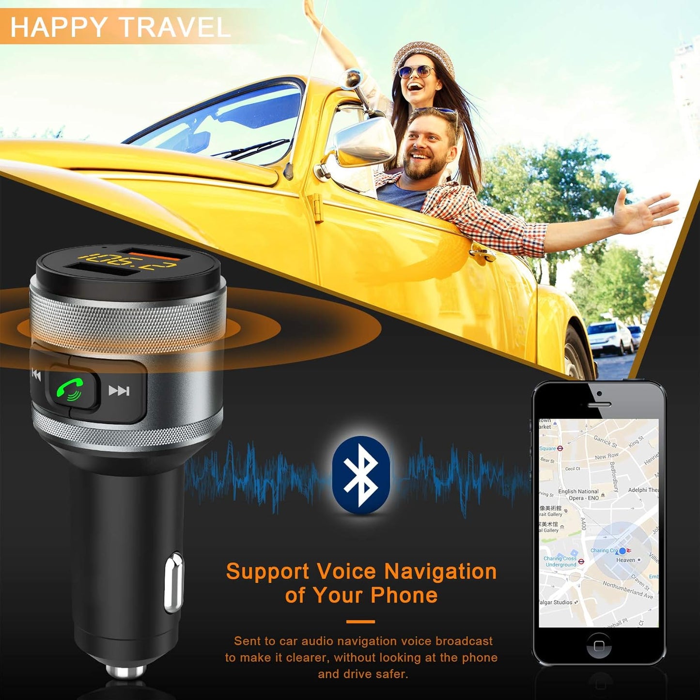 Bluetooth 5.3 FM Transmitter for Car, 3.0 Wireless Bluetooth FM Radio Adapter Music Player FM Transmitter/Car Kit with Hands-Free Calling and 2 USB Ports Charger Support USB Drive