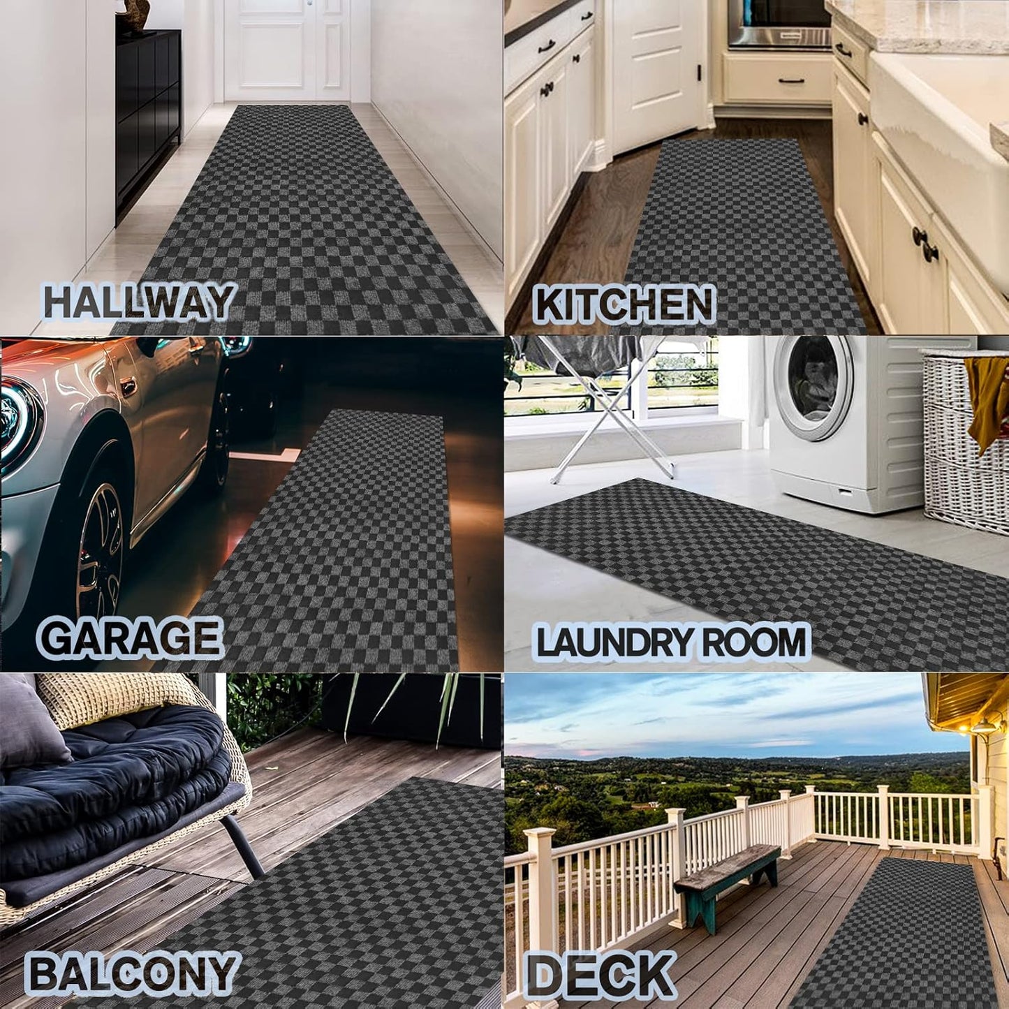 Custom Size Backed Non-Slip Area Rugs Runner, Easy Clean, Waterproof Runner Rugs for Hallway Entryway, Kitchen, Laundry, 4FT x 19FT, Gray Checkered