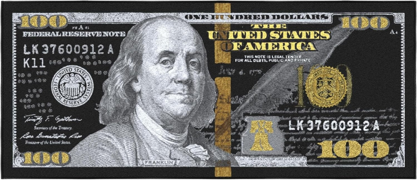 Ottomanson 22" x 53" $100 Bill Money Rug - Durable & Non-Slip Area Rug - Fun & Eye-Catching Decor for Bedroom, Office, Game Room & Man Cave - Unique Gift for & Trendy Home Decor, Black/Gold