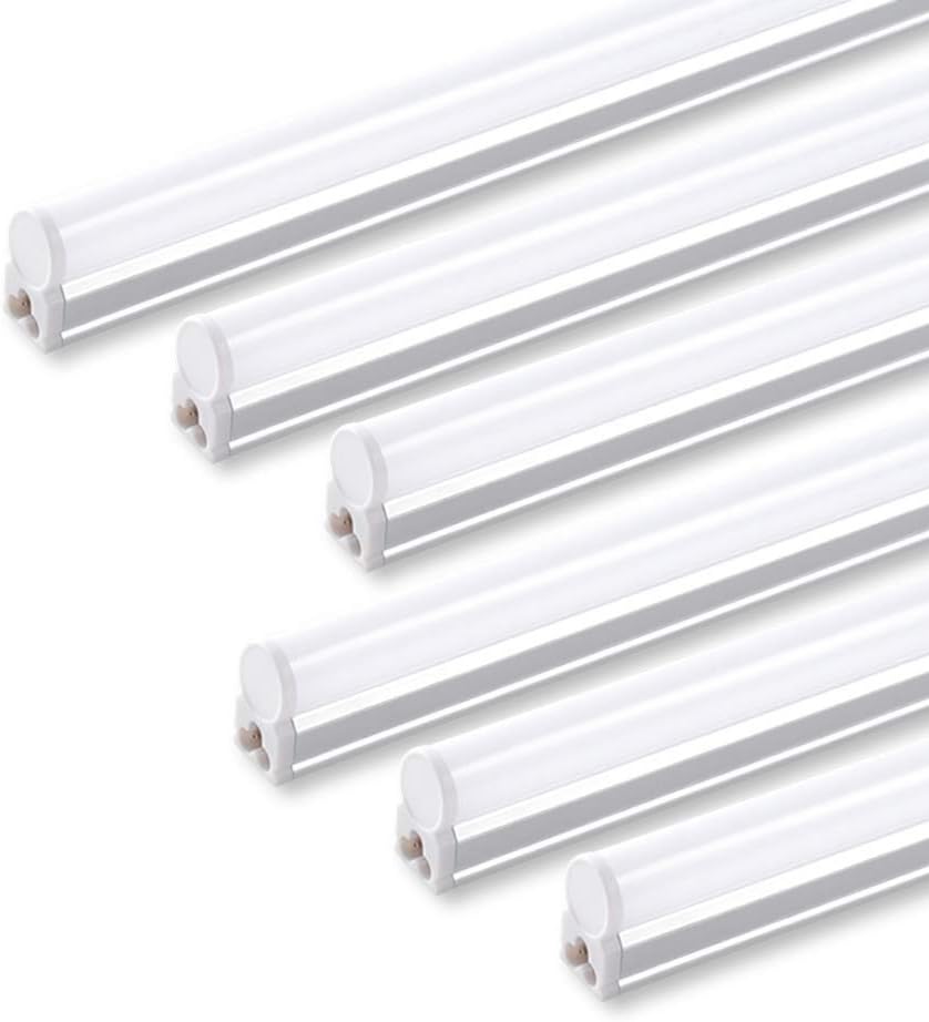 Barrina (Pack of 6) LED T5 Integrated Single Fixture, 4FT, 2200lm, 4000K (Daylight Glow), 20W, Utility Shop Light, Ceiling and Under Cabinet Light, Corded Electric with Built-in ON/Off Switch