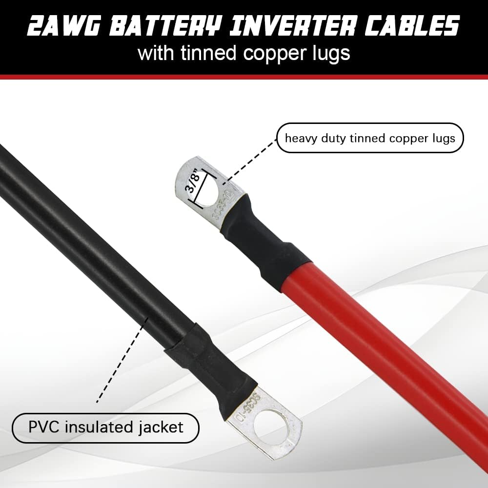 A ABIGAIL 2 AWG Battery Cables 2 Gauge Pure Copper Battery Inverter Cables with 3/8 in Lugs terminals Marine Grade for Automotive Solar Power Inverter Boat RV Car Motorcycle (5FT)
