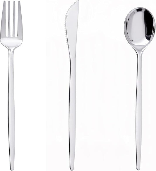 PULOTE 150PCS Silver Plastic Silverware Disposable - Heavy Duty Silver Plastic Cutlery Set - Plastic Utensils Set Include 50 Knives,50 Forks and 50 Spoons for Wedding,Party&Christmas