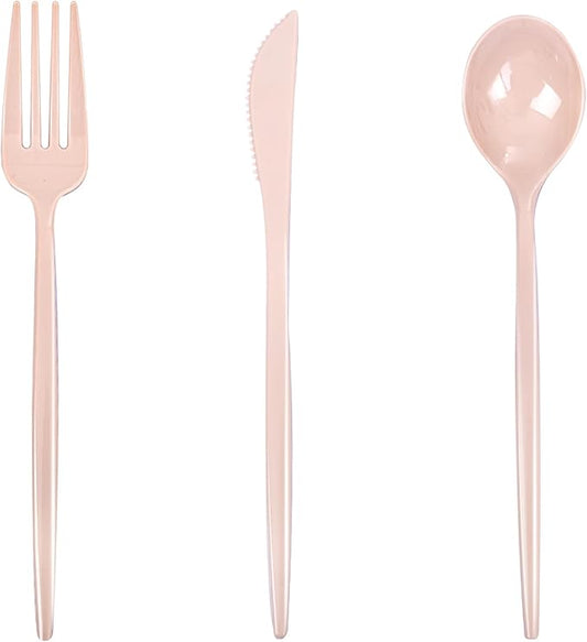 PULOTE 150PCS Pink Plastic Silverware - Plastic Cutlery Heavy Duty - Pink Utensils Set Disposable Include 50 Forks, 50 Spoons, 50 Knives for Wedding, Party & Mother’s Day