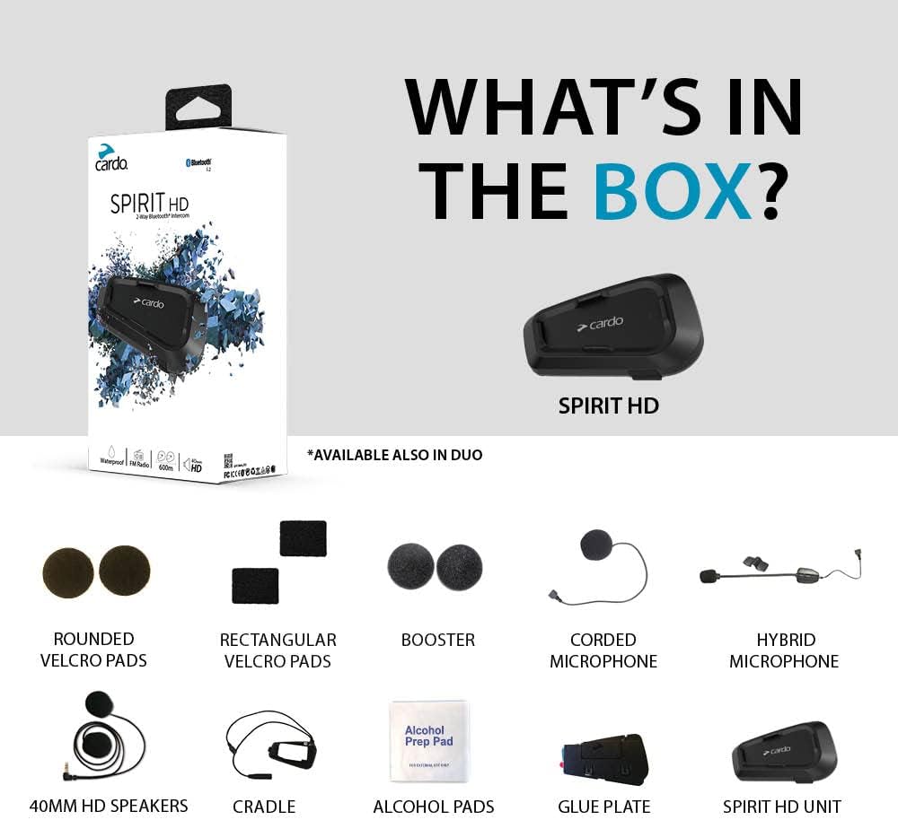 Cardo Spirit HD Motorcycle Bluetooth Communication Headset, Connect Up to 2 Riders, FM Radio - Dual Pack