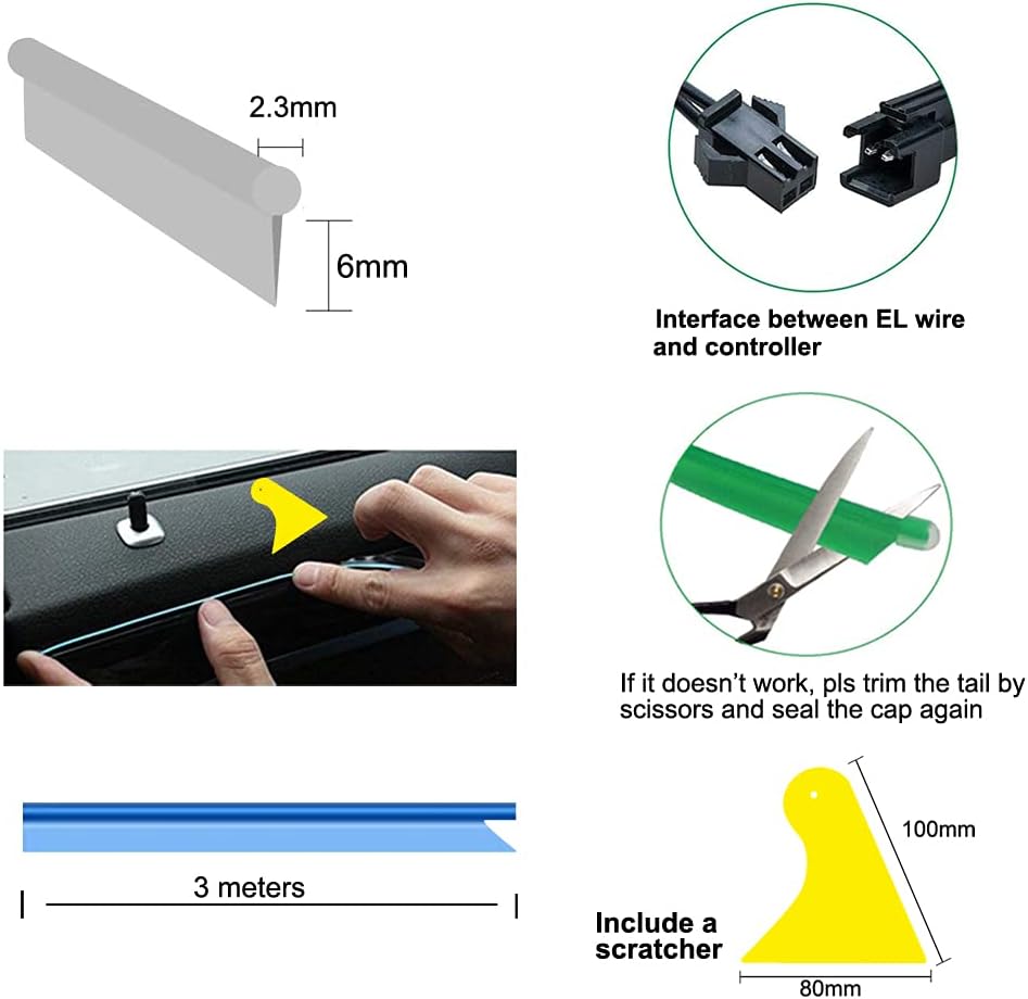 El Wire Yellow Interior Car LED Strip Lights, 3M Neon Wire USB 5V with Fuse Protection for Automotive Interior Decoration, with 6mm Sewing Edge