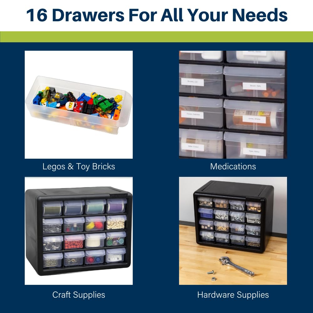 Akro-Mils 16-Drawer Plastic Drawer Storage Cabinet for Garage Organization, Beads, Makeup Organizer, Building Bricks Storage, Teacher Toolbox, 10-1/2-Inch W x 6-1/2-Inch D x 8-1/2-Inch H, 10116 Black