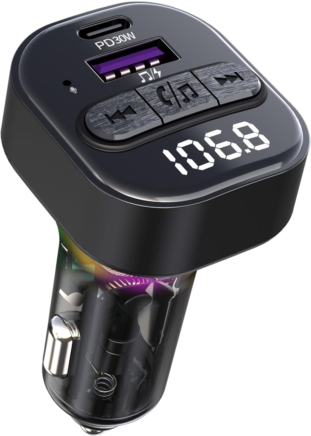 Bluetooth 5.3 FM Transmitter for Car, Bluetooth Car Adapter with Type-C PD(30W) Charger and QC3.0 USB Port, Wireless FM Radio Transmitter, Support MP3 Player, Handsfree Calling, LED Backlit,U Disk