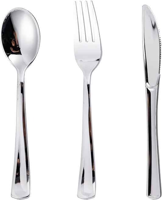N9R 300PCS Silver Plastic Silverware Set, 100 Forks, 100 Spoons, 100 Knives, Heavy Duty Disposable Cutlery for Parties, Fancy Disposable Flatware for Weddings, and Daily Use