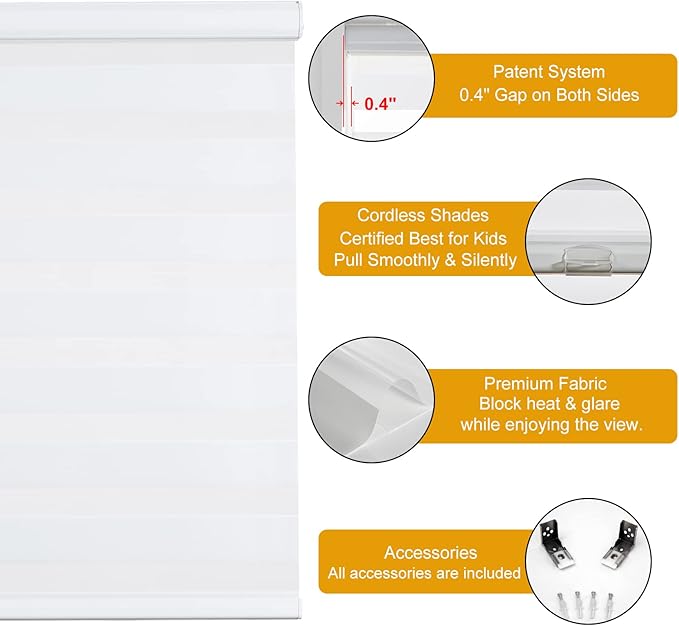 Persilux Cordless Zebra Blinds for Windows Free-Stop Roller Windows Shades (36" W X 47" H, White) Dual Layer Light Control for Day and Night, Light Filtering Sheer Shades for Home, Bedroom