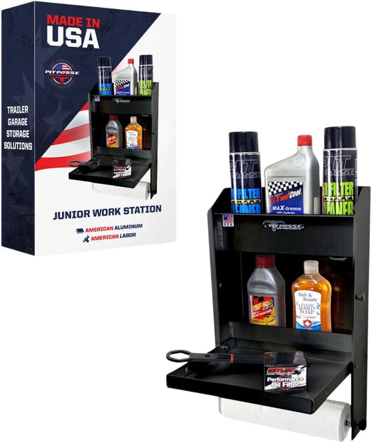 Pit Posse 458BK Jr Work Station Storage Cabinet Shelf Rack Holder Caddy - Made in USA - Garage Enclosed Race Trailer Automotive Mechanics Shop Storage Organizer Aluminum (Black)