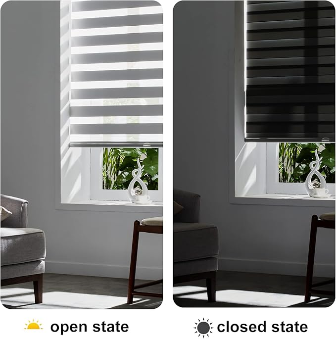 Persilux Cordless Zebra Blinds for Windows Free-Stop Roller Window Shades (70" W X 64" H, Grey) Dual Layer Light Control for Day and Night, Light Filtering Sheer Shades for Home, Easy to Install