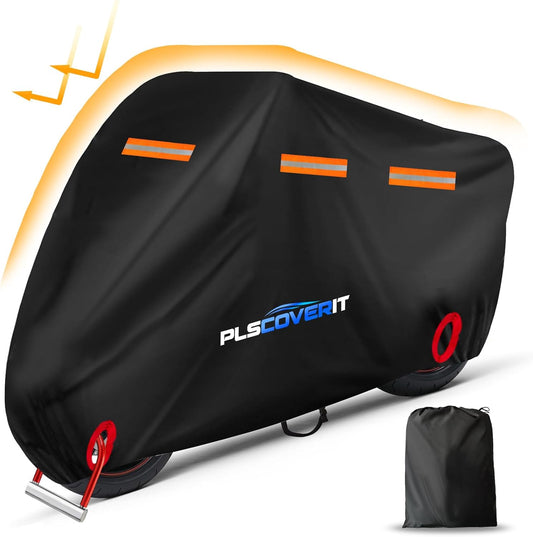 Motorcycle Cover, 600D Heavy Duty Waterproof Motorbike Cover,Dustproof Motorcycles Vehicle Cover Scooter Shelter Protection with Reflective Strips & Storage Bag 105" x 41" x 50"