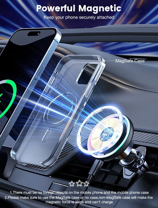 MOKPR for Magsafe Car Mount Charger-15W Wireless Car Charger-Magnetic Car Phone Holder for Dash Air Vent-LED RGB HandsFree Car Mount Fast Car Charger for iPhone 14/13/12 Series