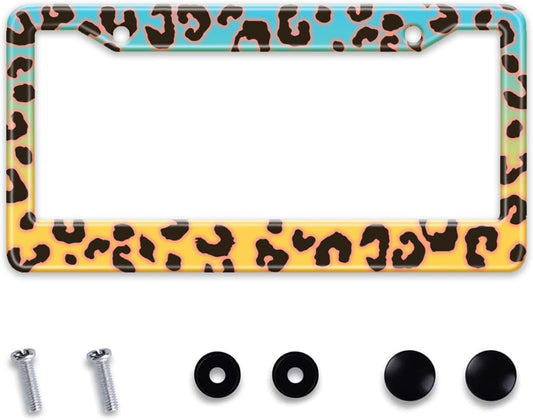 Blue Yellow Leopard License Plate Frame, Cheetah Leopar Print Car Accessories Car Tag Frame, Rust-Proof Waterproof Metal Aluminum License Plate Holder for Women Men 2 Holes with Screw Caps
