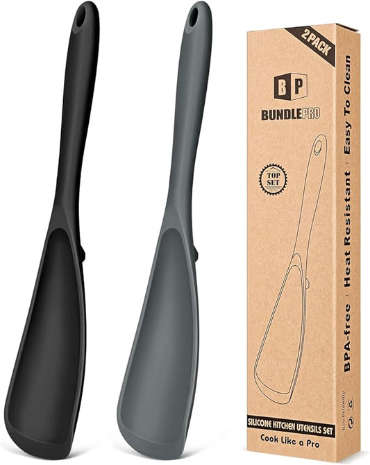 Pack of 2 Cooking Spoons for Non Stick Cookware, Multifunction Spatula Spoon BPA-Free, One-Piece Design, Suitable for Scooping, Scraping, Serving and Mixing(BLACK-GRAY)
