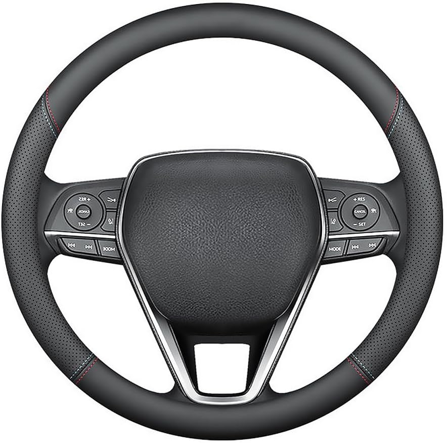 LKWLIKEI Nappa Premium Leather car Steering Wheel Cover, Non-Slip, Breathable, Universal 15 inches (red Blue line)