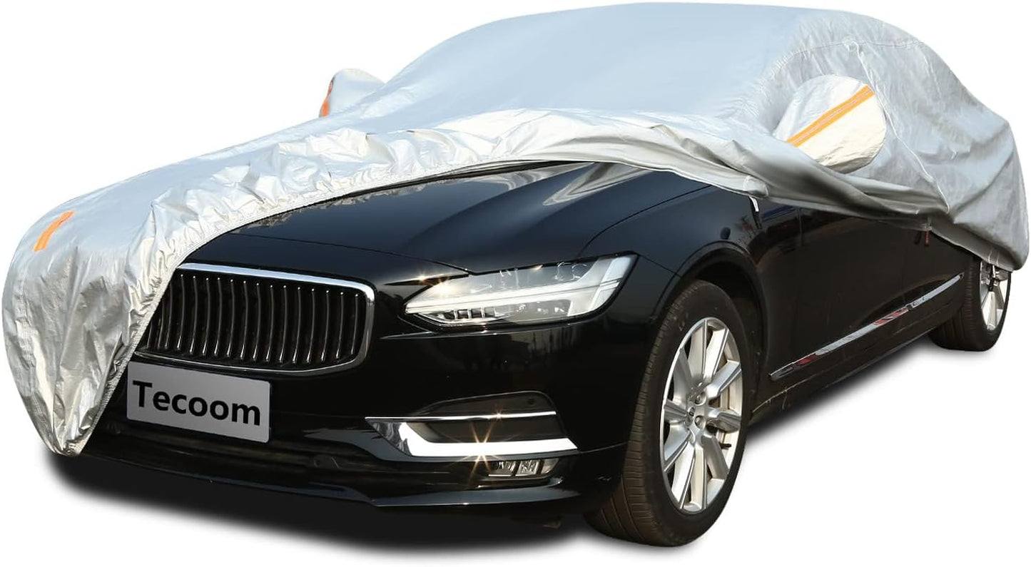 Tecoom Car Cover Waterproof All Weather, 3 Layers Car Covers for Automobiles, Fleece Lining with Zipper Door Lock Full Exterior Covers, Wind Rain Snow Sun Hail Protection Fit for Sedan (191-200 Inch)