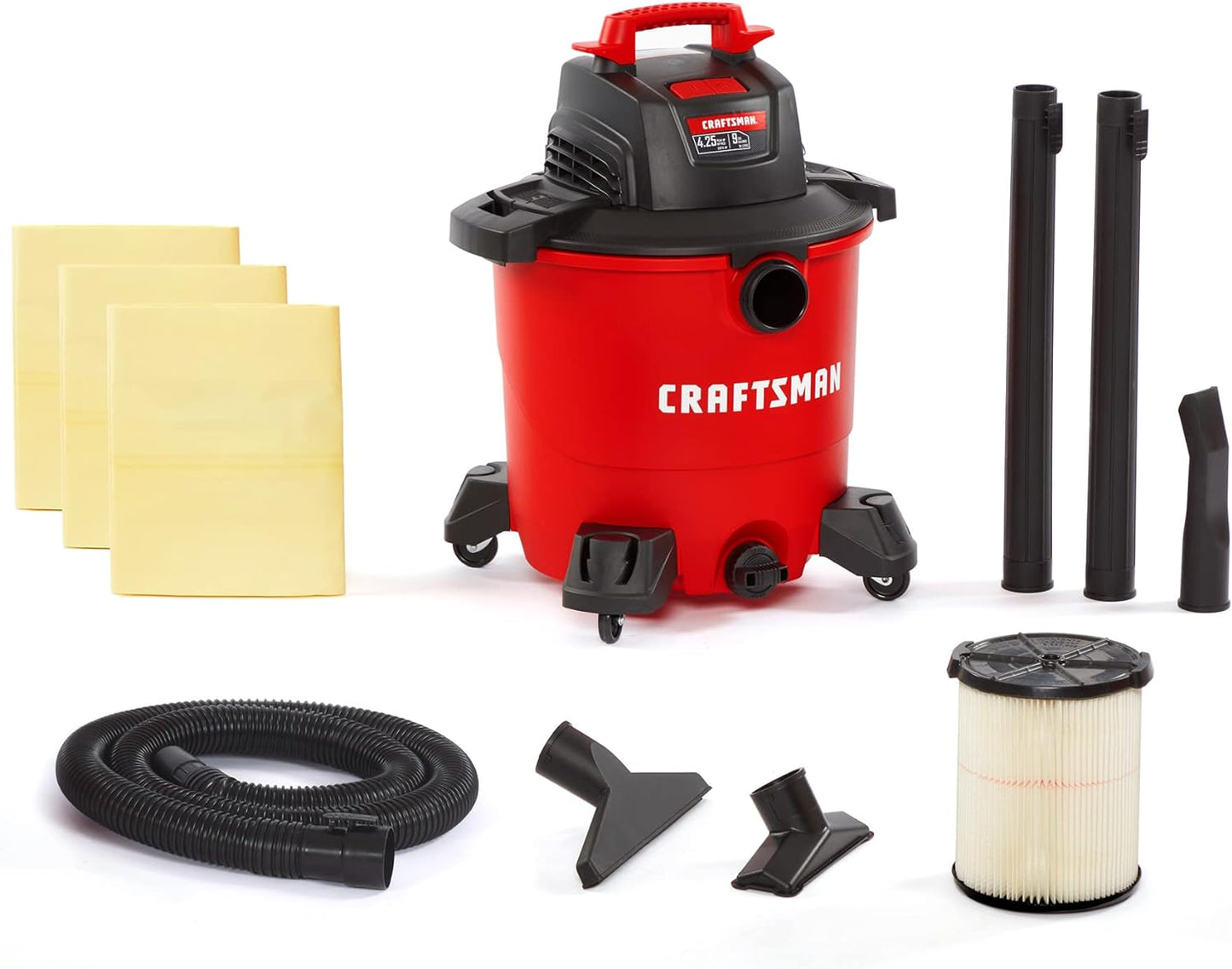 CRAFTSMAN CMXEVBE18590 9 Gallon 4.25 Peak HP Wet Dry Vac, Portable Shop Vacuum Wet and Dry with Filter, 3 Dust Bags, Hose and Attachments for Home, Garage and Automotive Cleaning