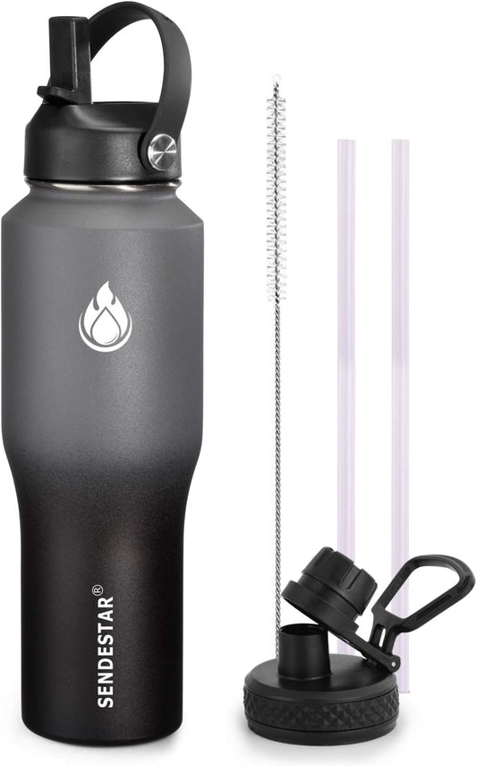 SENDESTAR Water Bottle 32oz,2 Lids(Straw lid),Wide Mouth Stainless Steel Vacuum Insulated Double Wall Keep Liquids Cold or Hot All Day,Sweat Proof Sport Design,Fit Car Cup Holder(Gray&Black)