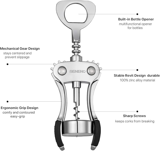 Beneno Wine Opener with Stainless Steel Wine Foil Cutter - Bottle Top Seal Cutter, Zinc Alloy Premium Wing Corkscrew with Multifunctional Bottles Opener, Upgrade