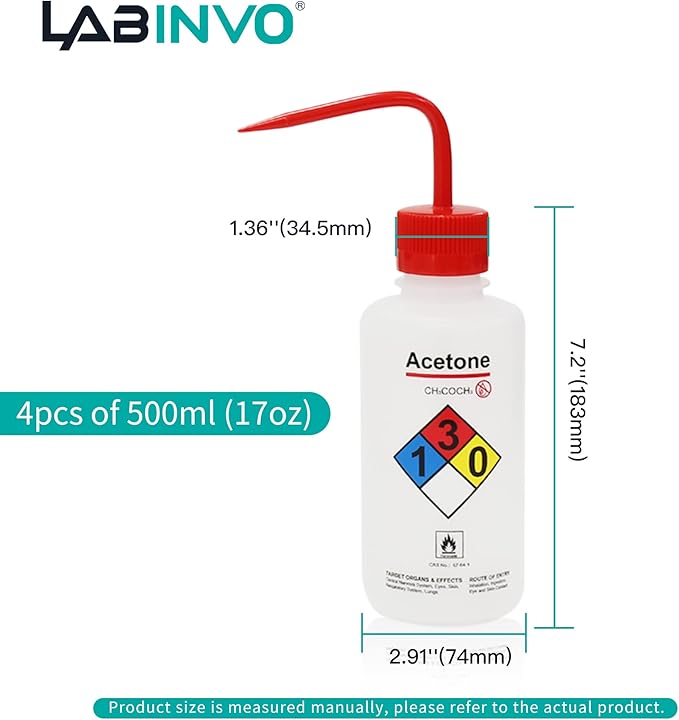 4pcs of Acetone Wash Bottles, Vol.500ml (17oz), Narrow Mouth, Self-Venting Safety Wash Bottles, LDPE Material, IN-WBA500