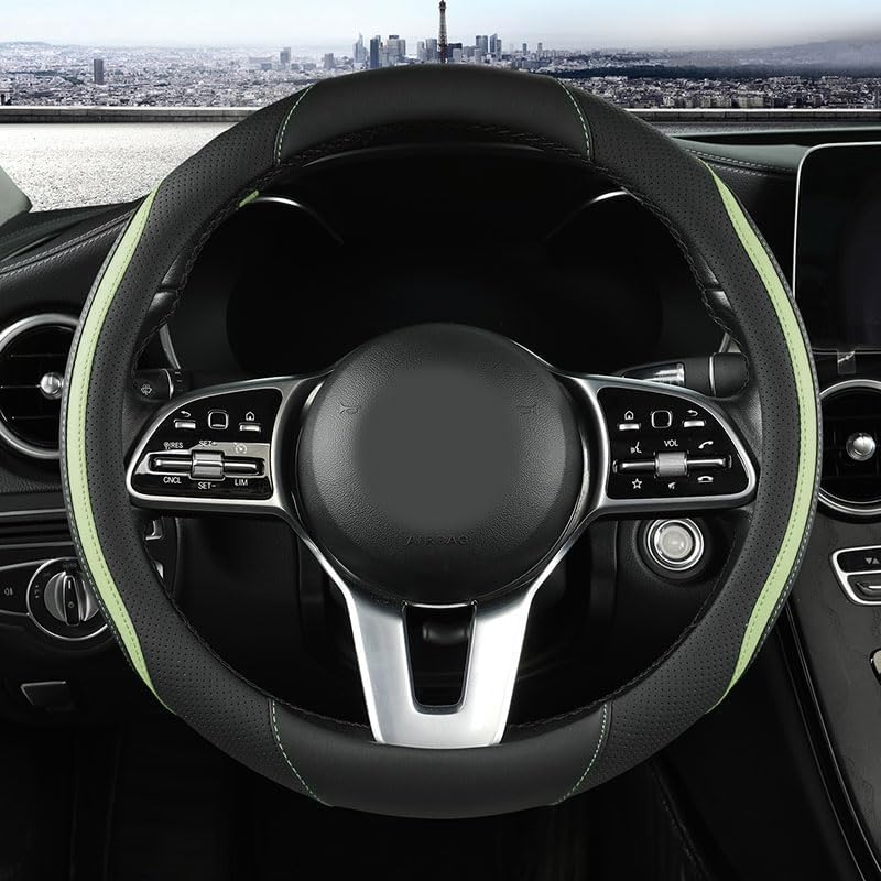 Car Steering Wheel Cover, Leather Steering Wheel Cover Green Universal 14.5-15 Inch Microfiber Leather Anti-Slip Breathable Auto Steering Wheel Covers for Men Women (Black&Green)