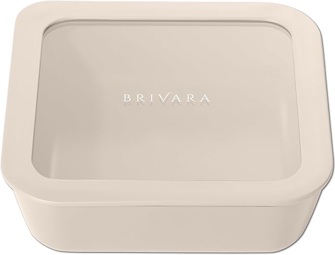 Ceramic Coated Glass Food Storage Container | No PTFE, PFOA, PFAS, and BPA | Reusable Non Toxic Meal Prep Container with Glass Lid | Easy To Store | 5 Cup Square [Crema]