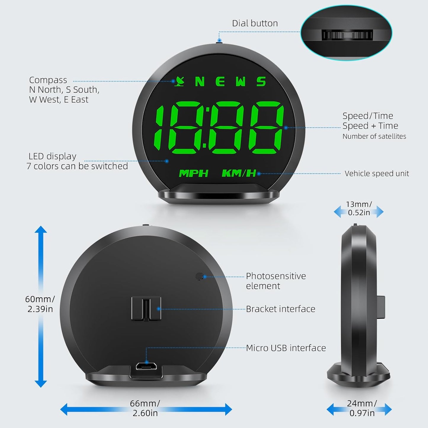 ACECAR Digital GPS Speedometer New HUD Car Head Up Display LCD Display with MPH Digital Speed Compass Direction Driving Distance Altitude Overspeed Alert for All Vehicle