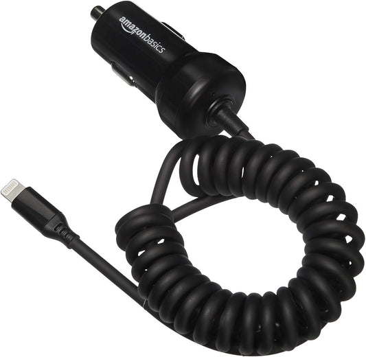 Amazon Basics 12W (5V, 2.4A) Fast Charging Car Charger with Coiled Lightning Cable for iPhone, iPad and Apple Devices, 1.5 ft - Black