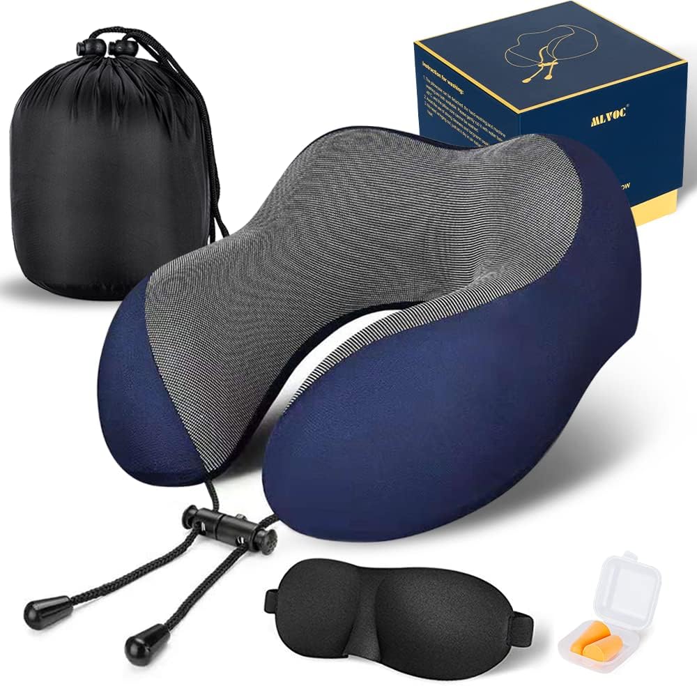 MLVOC Travel Pillow 100% Pure Memory Foam Neck Pillow, Comfortable & Breathable Cover, Machine Washable, Airplane Travel Kit with 3D Contoured Eye Masks, Earplugs, and Luxury Bag, Standard (Blue)