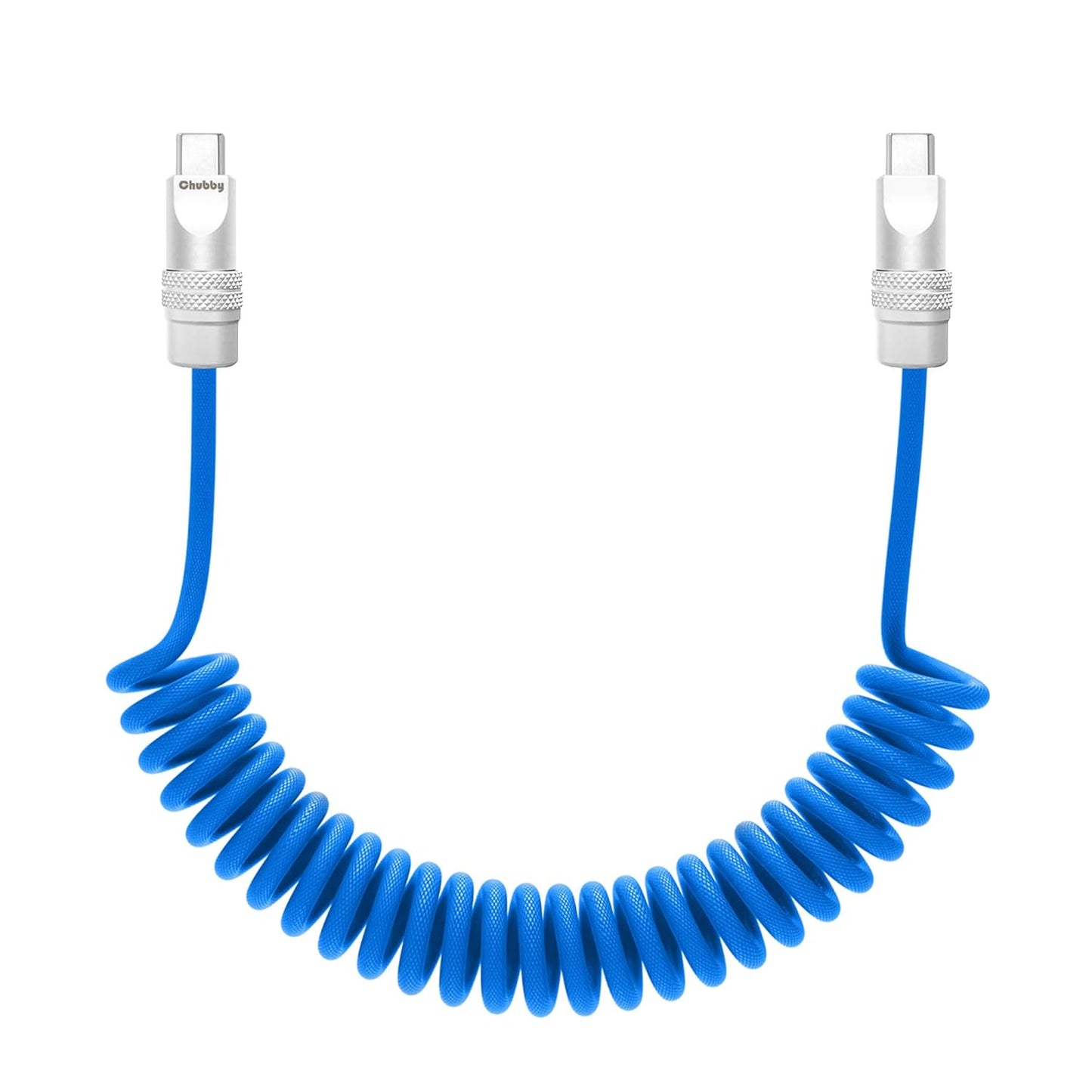 chubbycable Curly Chubby - Retractable Fast Charging Cable 240W Coiled Charger Cord for Car Durable USB-C Cable for Phones, Tablets and More, Light Blue, Type-C to Type-C, 1.3FT-2.3FT