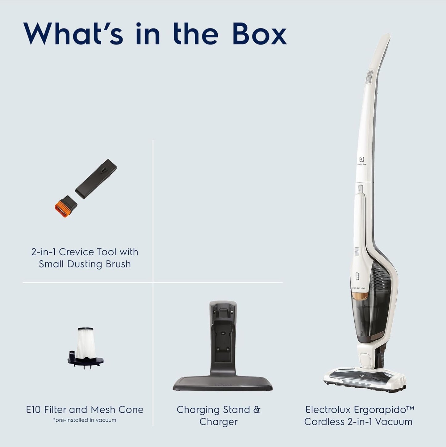 Electrolux Ergorapido Cordless 2-in-1 Vacuum Cleaner with High Suction Power and 180-Degree EasySteer Mobility, 48-Minute Run Time, 2 Power Modes, Satin White