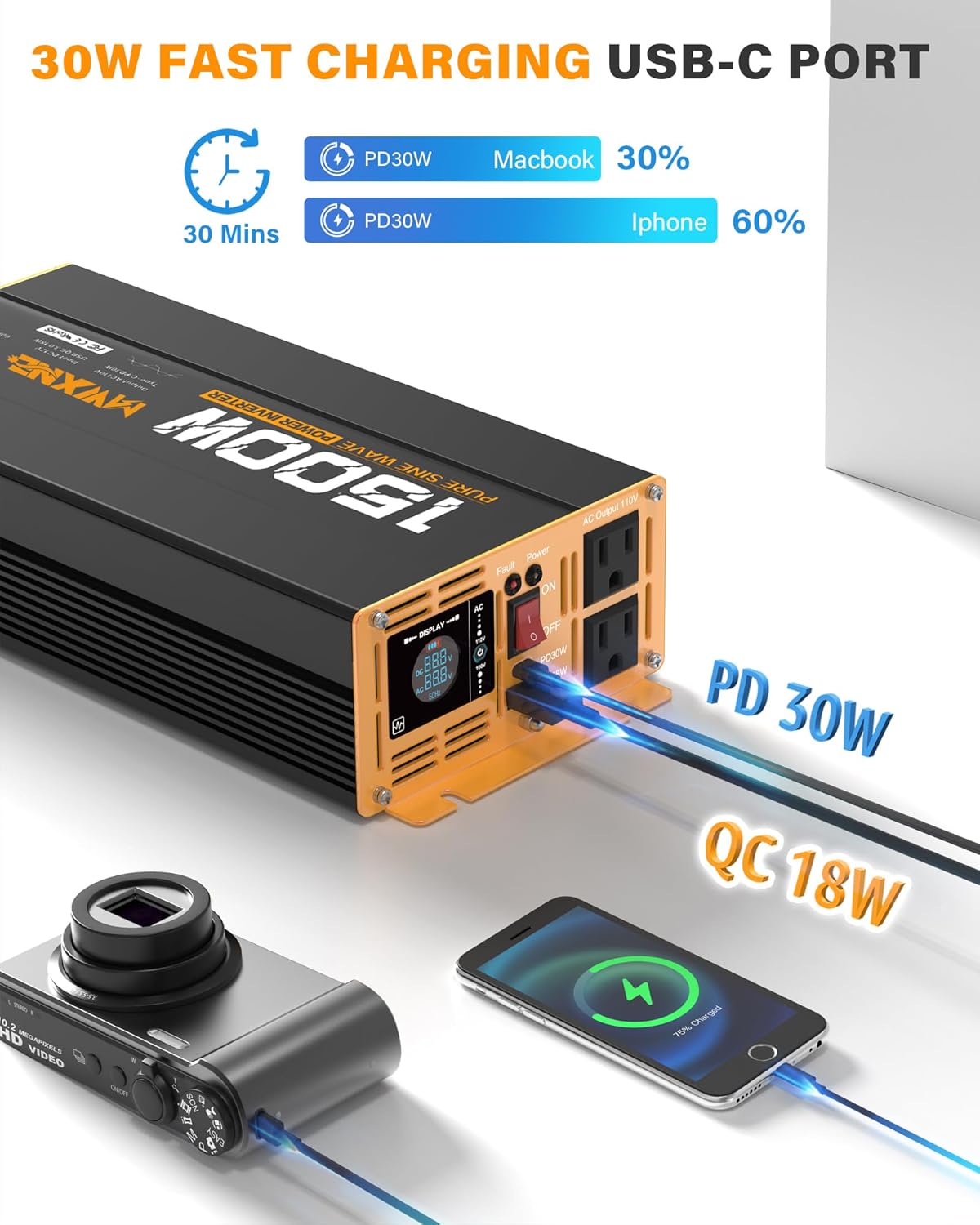 1500W Pure Sine Wave Power Inverter DC 12V to AC 110V 120V Converter with 2 AC Outlets, QC3.0 18W USB-A, PD30W USB-C Port Car Inverter with LCD Display and Remote Control for Truck RV Home