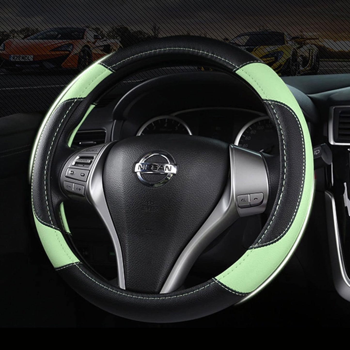 Leather Car Steering Wheel Cover, Non-Slip Car Wheel Cover Protector Breathable Microfiber Leather Universal Fit for Most Cars (Green)