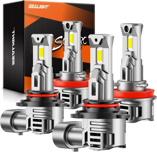 SEALIGHT 9005/HB3 H11 Fog Light Bulbs, 60000LM 6500K Cool White, 1:1 Mini Size, 9005 H11 Bulb Fog Light with 13000RPM Cooling Fan, 3 Mins Plug-N-Play, Non-polarity, Pack of 4