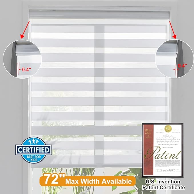 Persilux Cordless Zebra Blinds for Windows (70" W X 47" H, White) Free-Stop Windows Shades Dual Layer Light Control for Day and Night, Light Filtering Sheer Shades for Home, Easy to Install
