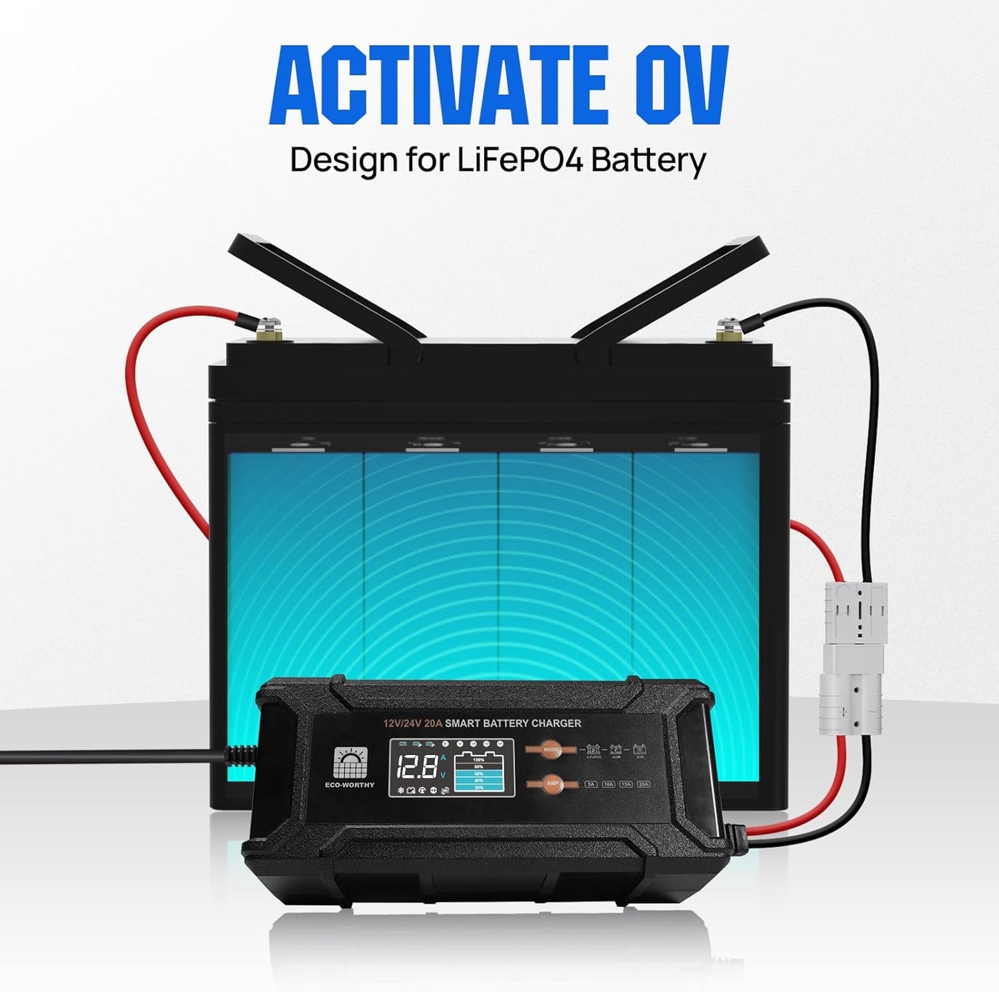 ECO-Worthy 12V/24V 20A Smart Battery Charger Maintainer, Auto Voltage Detect for LiFePO4 Lead-Acid with Multi-Current Options 5A/10A/15A/20A, Trickle Charger for Car Truck Motorcycle Lawn Mower