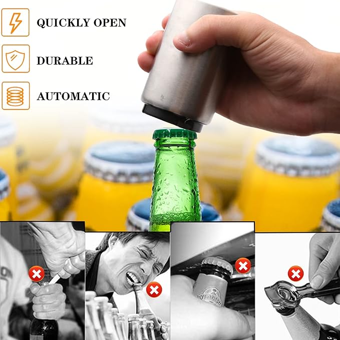 3 Pieces Automatic Magnetic Beer Bottle Opener(Stainless Steel), Portable Pop the Top Wine Bottle Cap Catcher, Quick Open, No Damage Push Down Bartender Tools for Bar, Home, Kitchen, Party, Restaurant