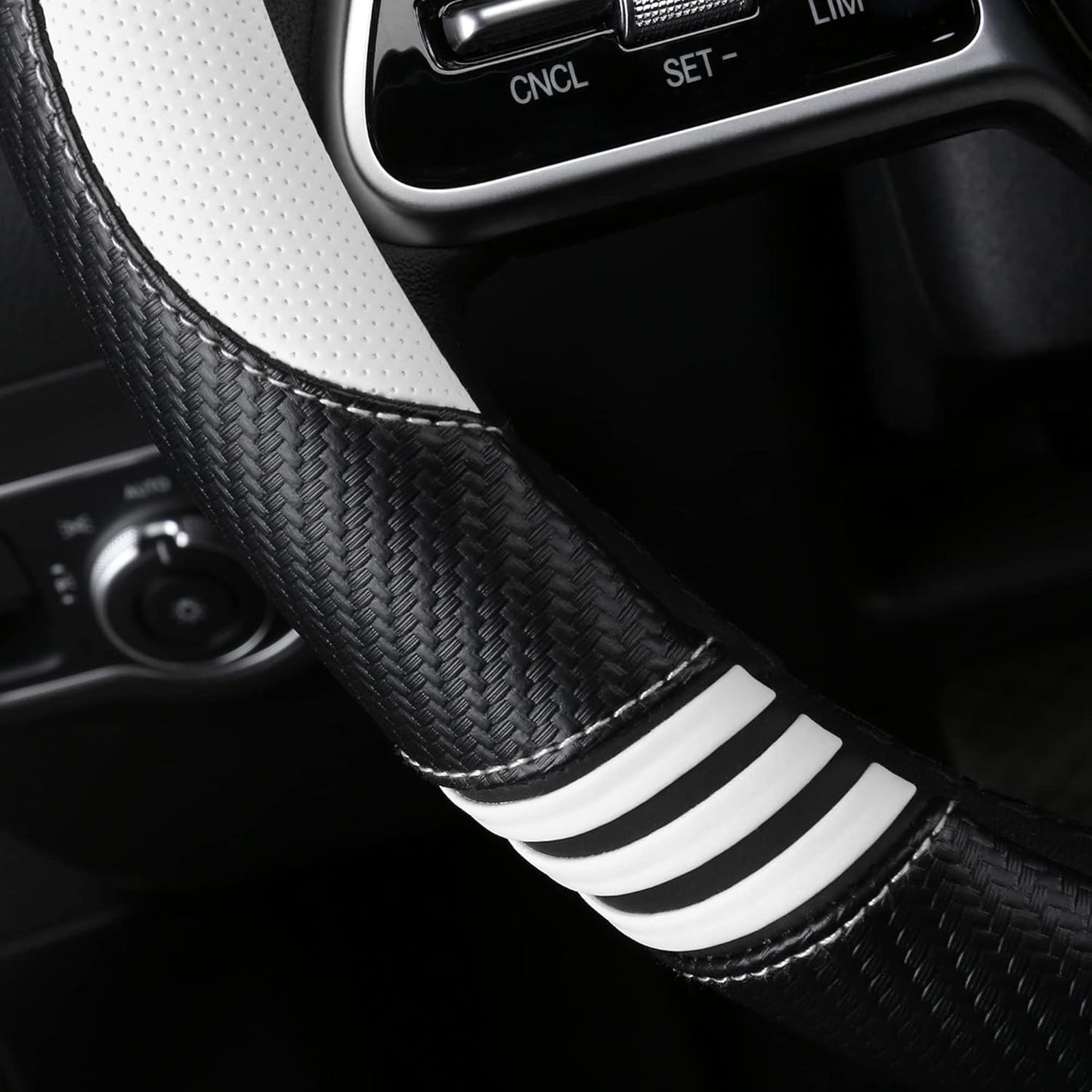 Car Steering Wheel Covers for Women Girl Padded Carbon Fiber PU Leather Cute Cartoon Auto Interior Accessories for Jeep, Truck, Universal, Anti Slip, White, Large Size 15.5-16"(39-41cm)