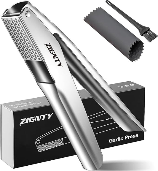 Professional Garlic Press Stainless Steel，No Need to Peel Garlic Mincer Tool with Large Trough, Dual Lever-Assisted Garlic Presser & Masher Easy Clean, Garlic Crusher Dishwasher Safe Rust Proof